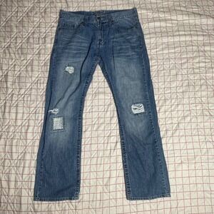 Royal Premium Men's Distressed Blue Denim Jeans Bootcut Patch Ripped Size 34x32